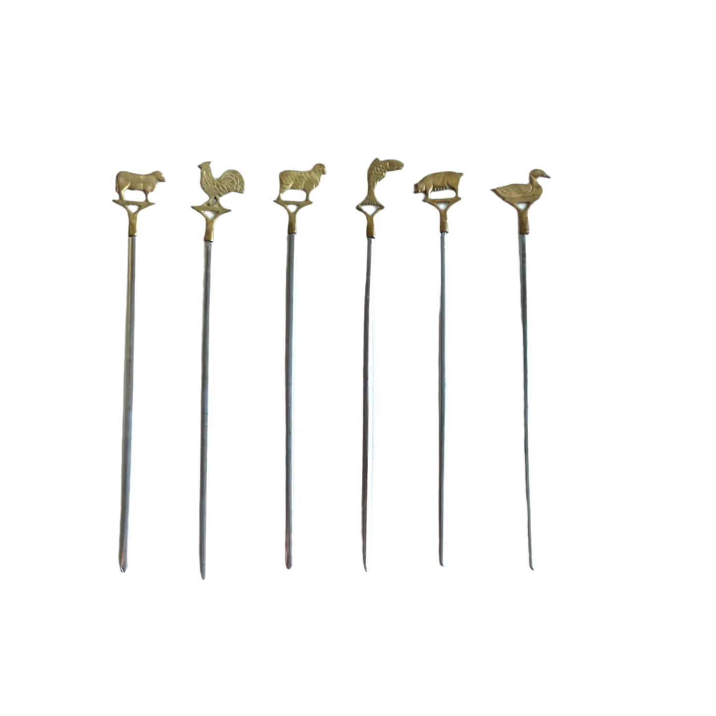 Mid-Century Brass Animal Meat Markers – Set of 6 Carving Skewers