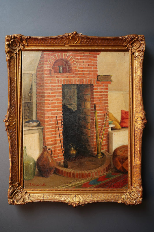 Dutch Interior Fireplace Oil Painting, Signed H. Rienderhoff, Gilt Framed
