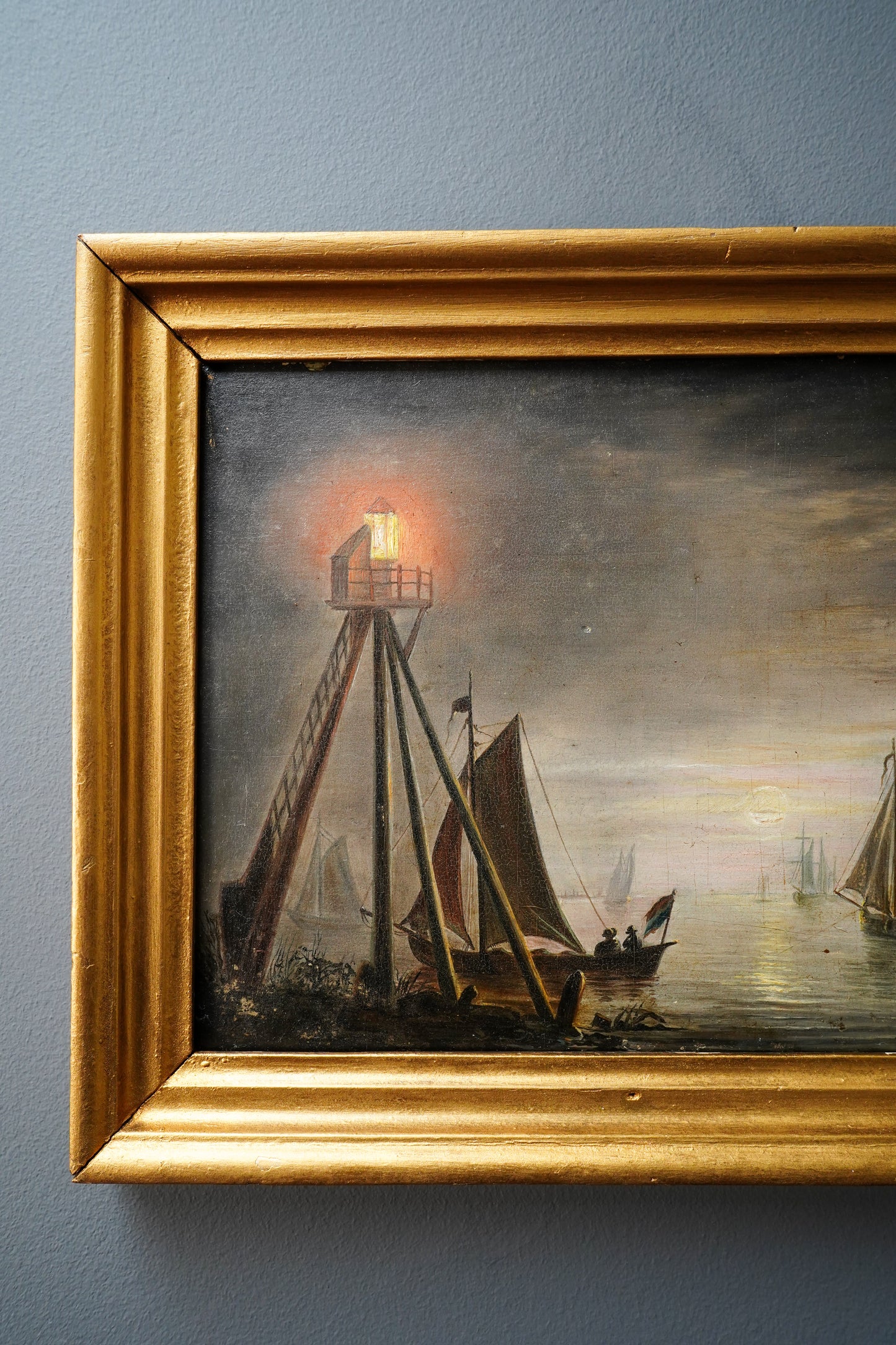 19th Century Moonlit Harbor Oil Painting on Panel After Petrus van Schendel