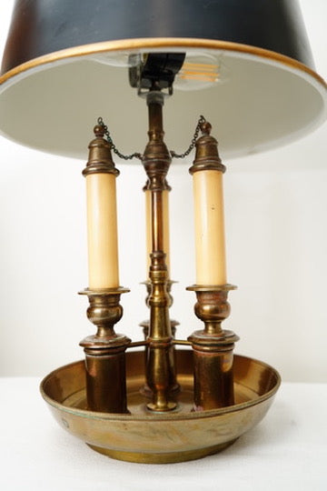 French Bouillotte-Style Three-Light Tole Shade Table Lamp, Black and Brass