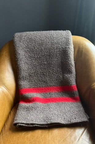 Mid-Century Wool Camp Blanket by Baron Woolen Mills in Grey with Red Stripes