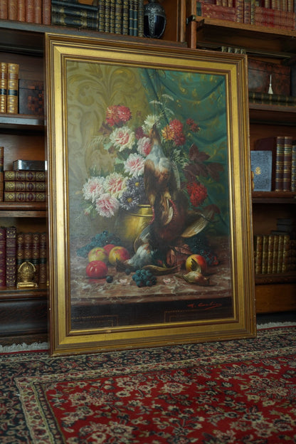 Signed Still Life with Game Birds, Fruit, and Floral Urn Attributed to Max Albert Carlier