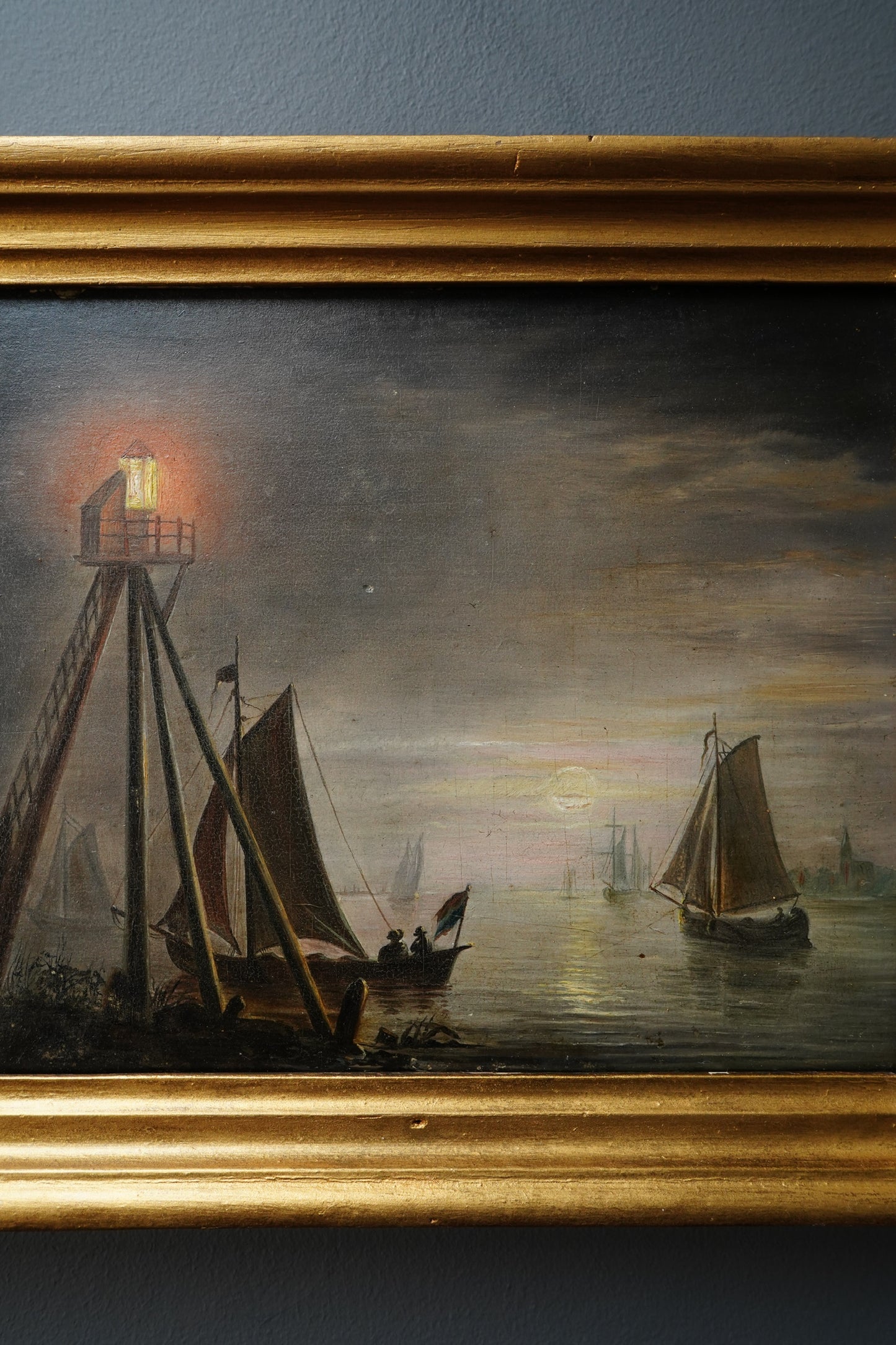 19th Century Moonlit Harbor Oil Painting on Panel After Petrus van Schendel