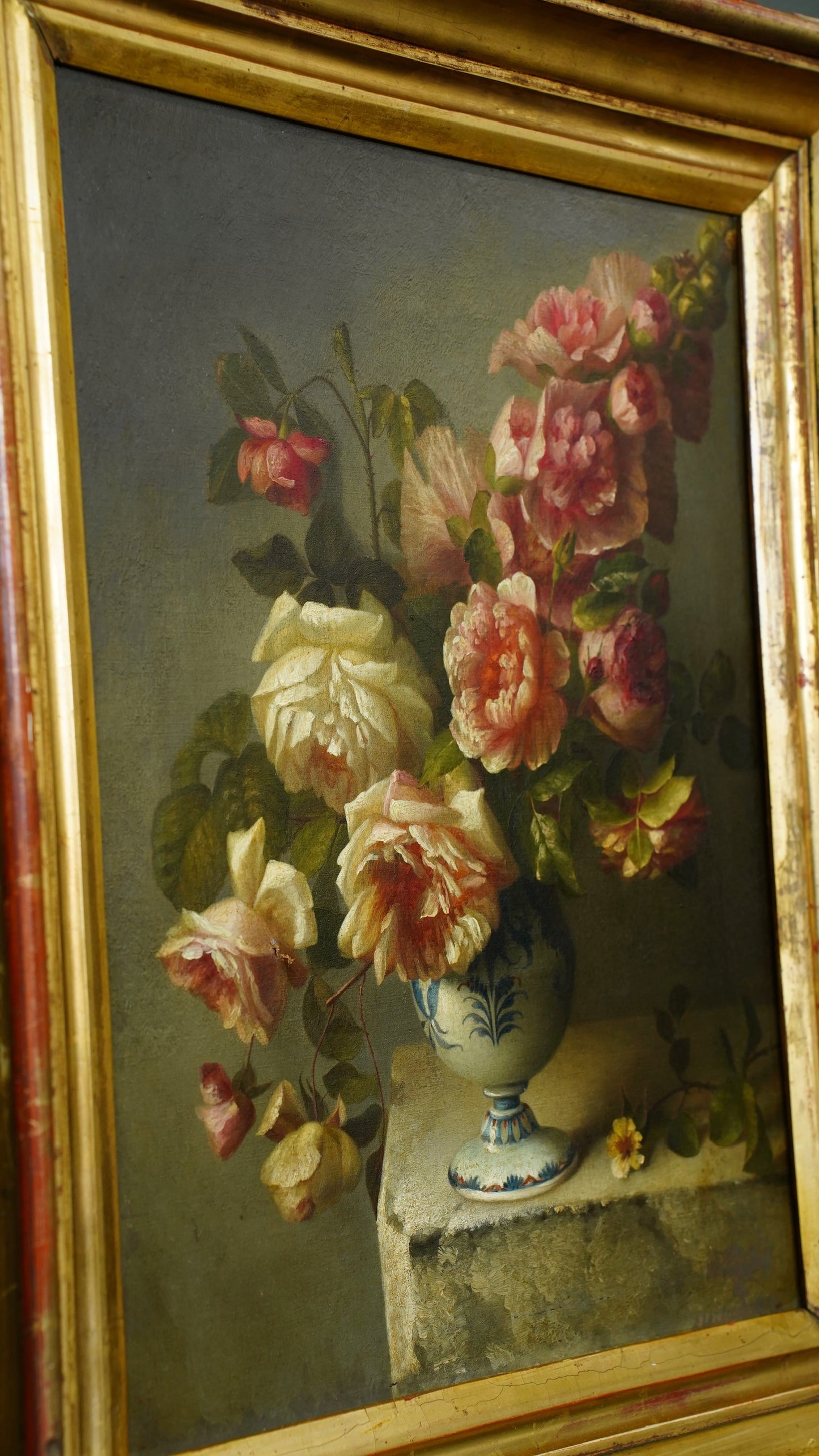 Antique Oil Painting Roses in Blue and White Vase