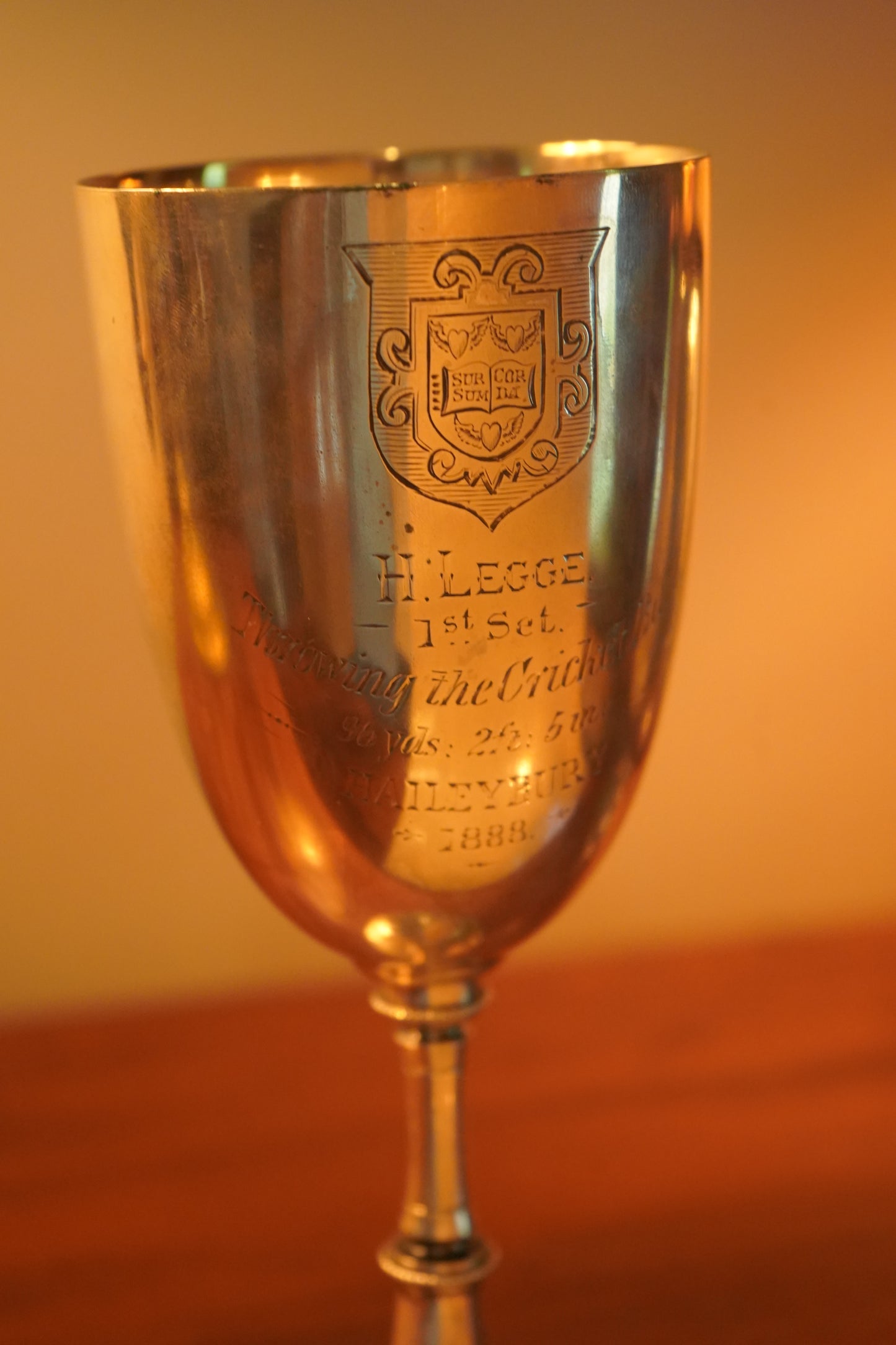 Antique English Silver Plated Trophy Goblet, "Haileybury College Throwing Cricket Ball Trophy Victorian 1888"