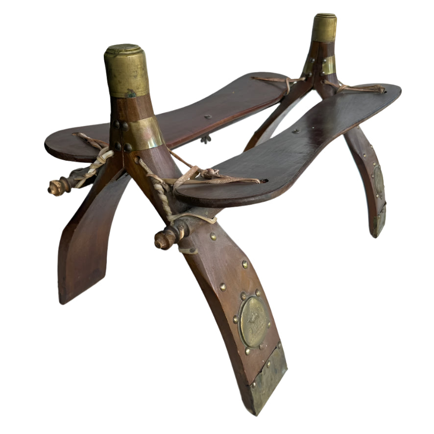 Vintage Middle Eastern Camel Saddle Stool with Embossed Leather Cushion & Brass Accents (c. 1950s)