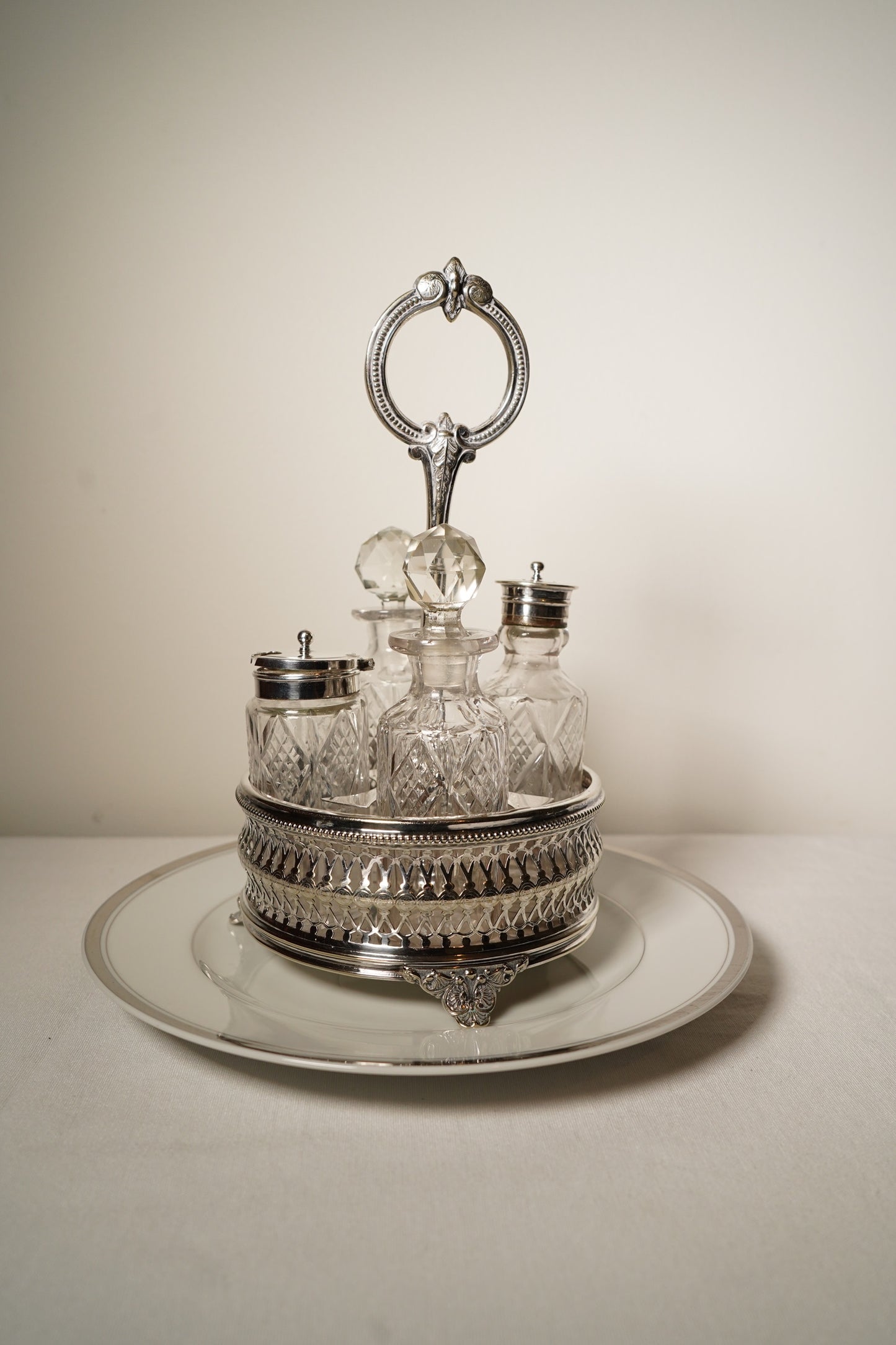 Antique Victorian Silver Plated Cruet Set with Four Cut Glass Bottles, English, c. 1880–1910