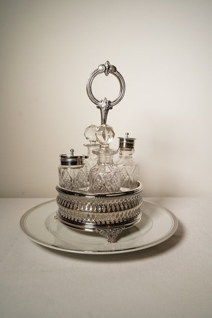 Antique Victorian Silver Plated Cruet Set with Four Cut Glass Bottles, English, c. 1880–1910