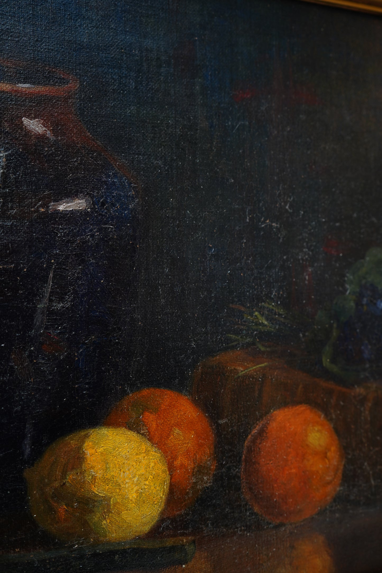Antique 1905 Oil Painting Still Life with Fruit, Book & Earthenware Jar | Signed K.E.