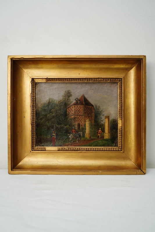 Antique French Genre Oil Painting of Estate Gate and Figures | 19th Century Oil on Canvas