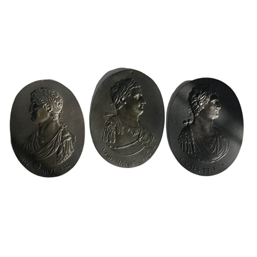 Set of 3 Antique Grand Tour Bronze Portrait Plaques – Roman Emperors Vespasian & Augustus, 19th Century Italian