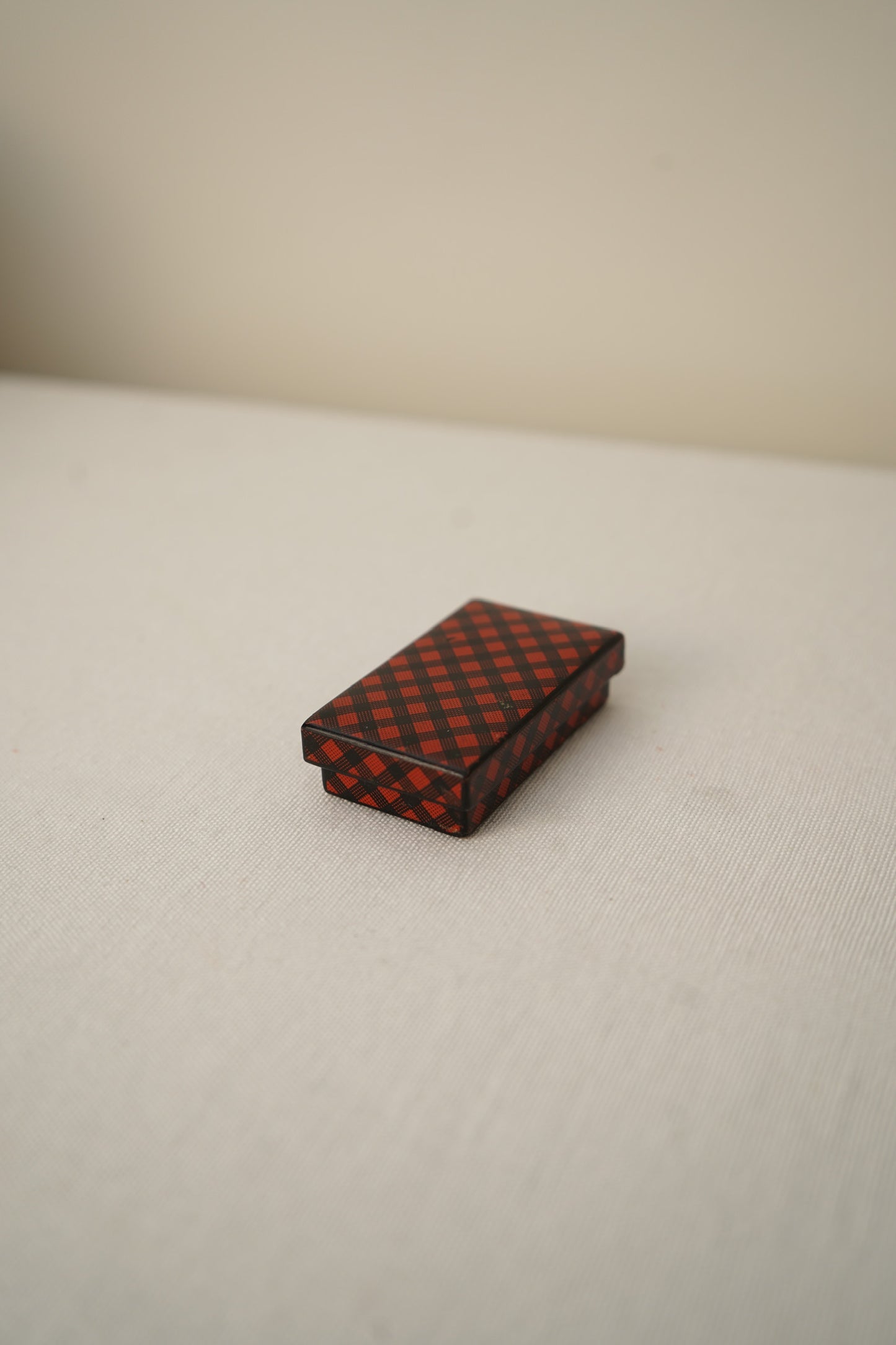 Antique Victorian Scottish Tartanware Box, Painted Red and Black Tartan, c. 1860–1890