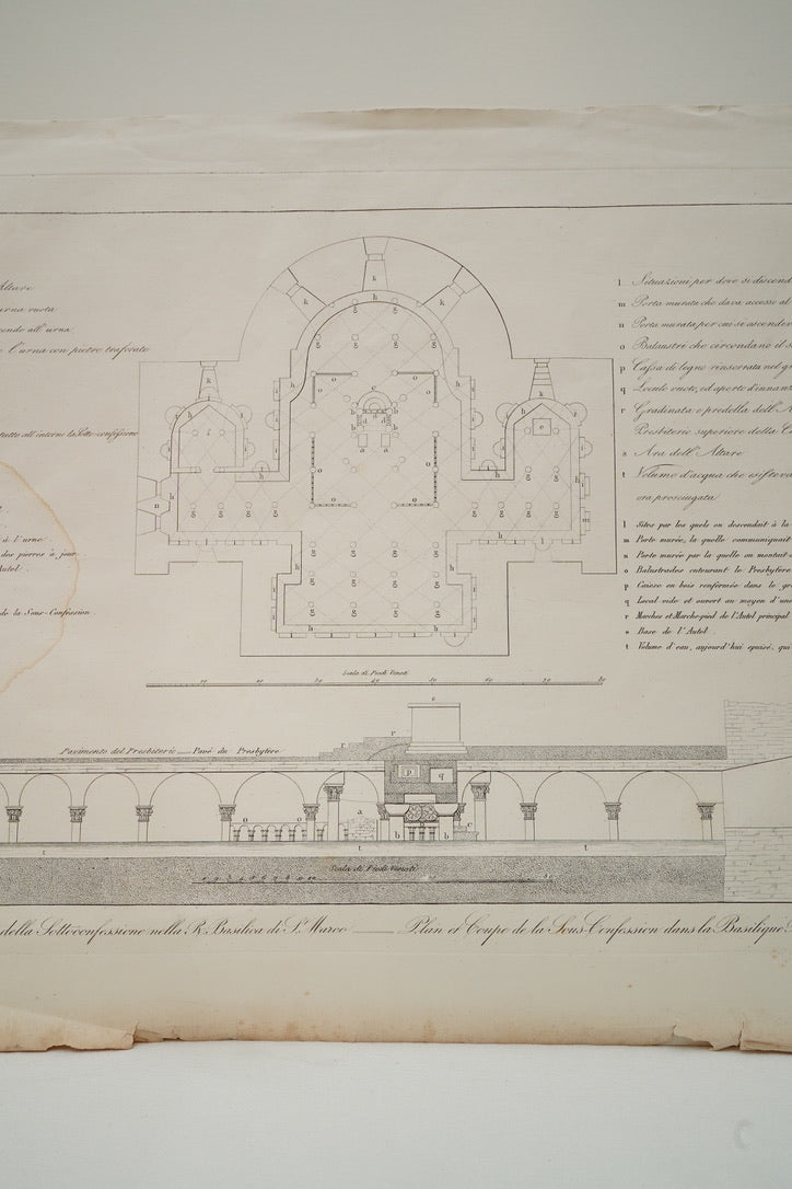 Antique Venetian Architectural Engraving of St Mark’s Basilica Crypt Plan