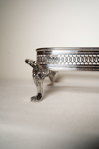 Antique Silver Plated Casserole Dish Holder Stand with Pierced Gallery