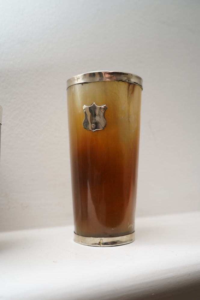 English Victorian Silver Mounted Steer Horn Cup with Shield, c. 1880–1910
