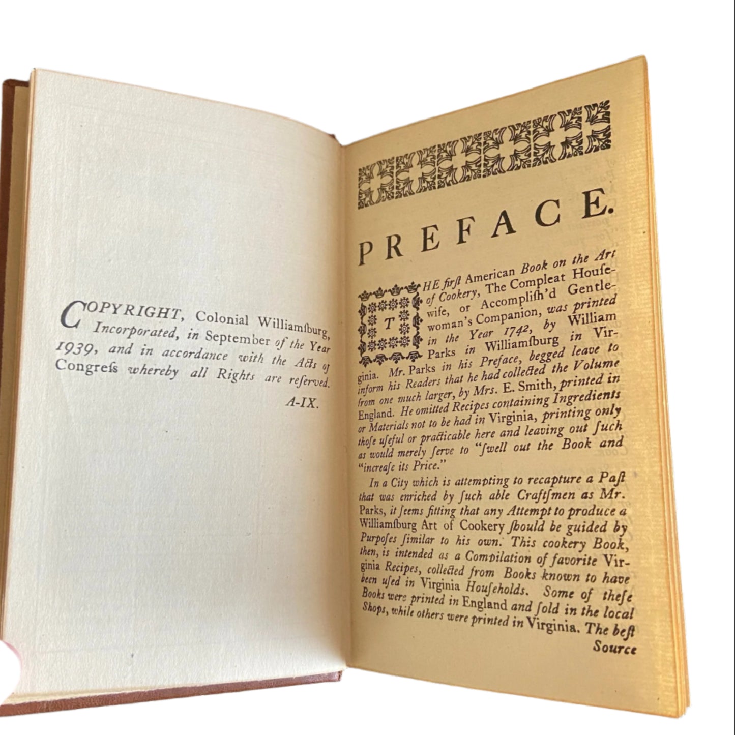 Antique Cookbook "The Williamsburg Art of Cookery " Tan Full Leather Book