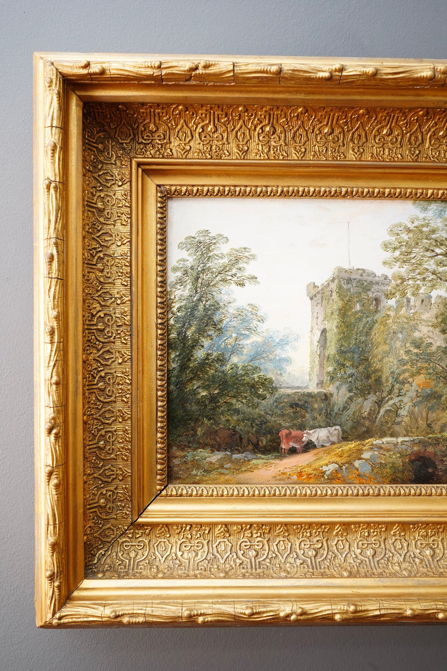 *Reserved for Beverly* Antique Victorian Oil Painting English Landscape Castle Ruins Gilt Frame