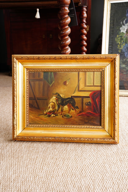 Antique European Hunting Dogs Interior Oil Painting, Circa 1890