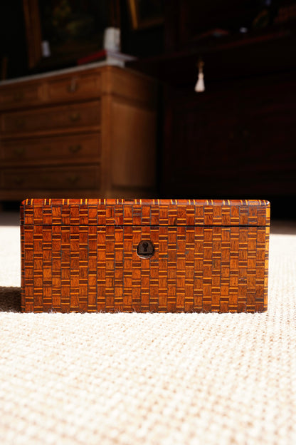 Antique Inlaid Wood Tea Caddy with Basket Weave Pattern, Circa 1880