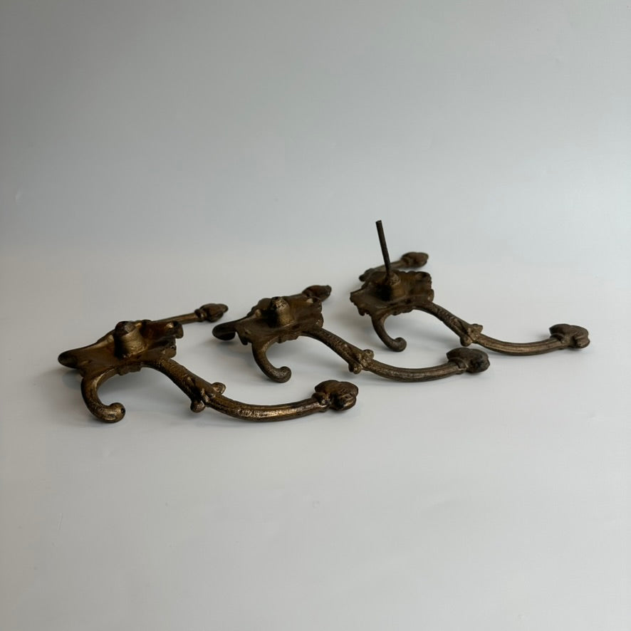 Antique Victorian Cast-Brass Quadruple Wall Hooks – Hat, Coat & Umbrella Hangers, Set of 3