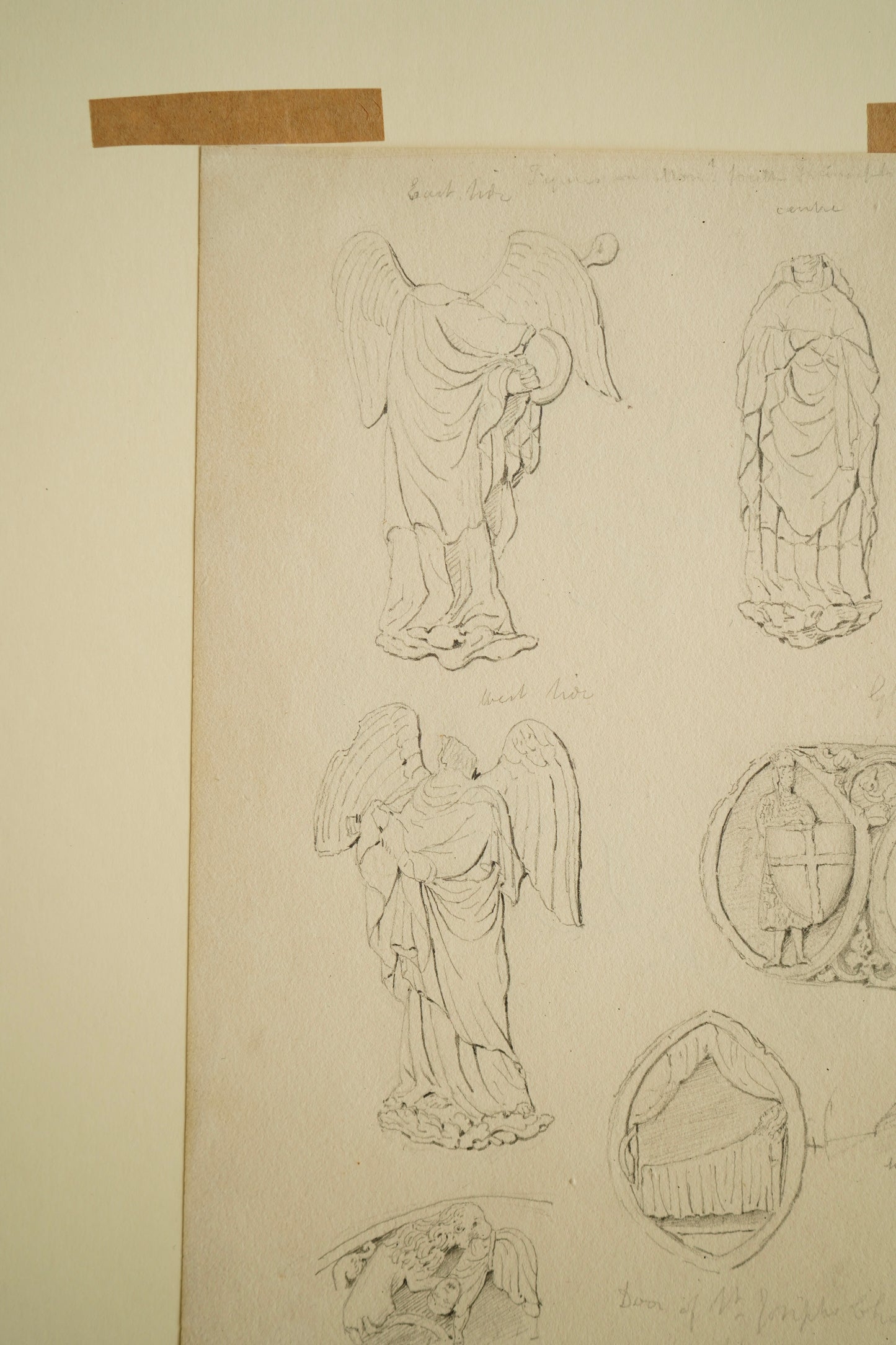 19th-Century Architectural Drawing Attributed to Henry Shaw | Angelic Figures & Glastonbury Chapel Ornament