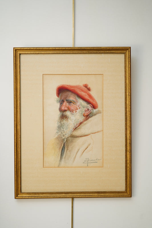 Early 20th Century Watercolor Painting "Portrait of an Italian Man" by Enrico Florentino