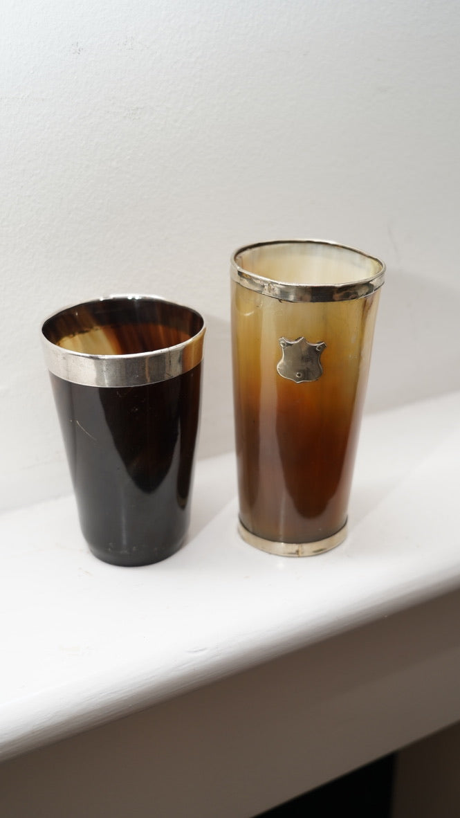 Antique English Horn Drinking Cup with Silver Plated Rim, Late Victorian c. 1880–1900