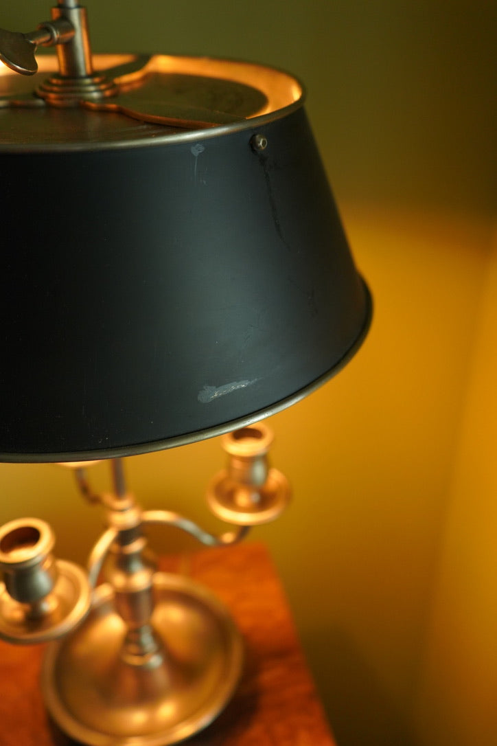 Bouillotte-Style Pewter Lamp with Adjustable Metal Shade & Dual Light Settings