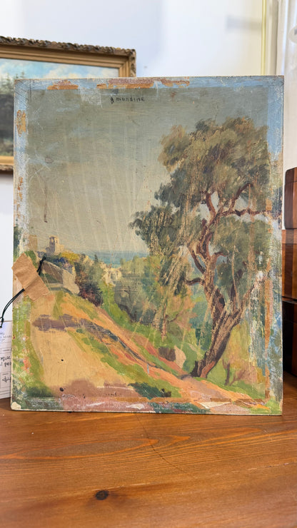 Signed Garden Fountain Oil Painting, Unframed