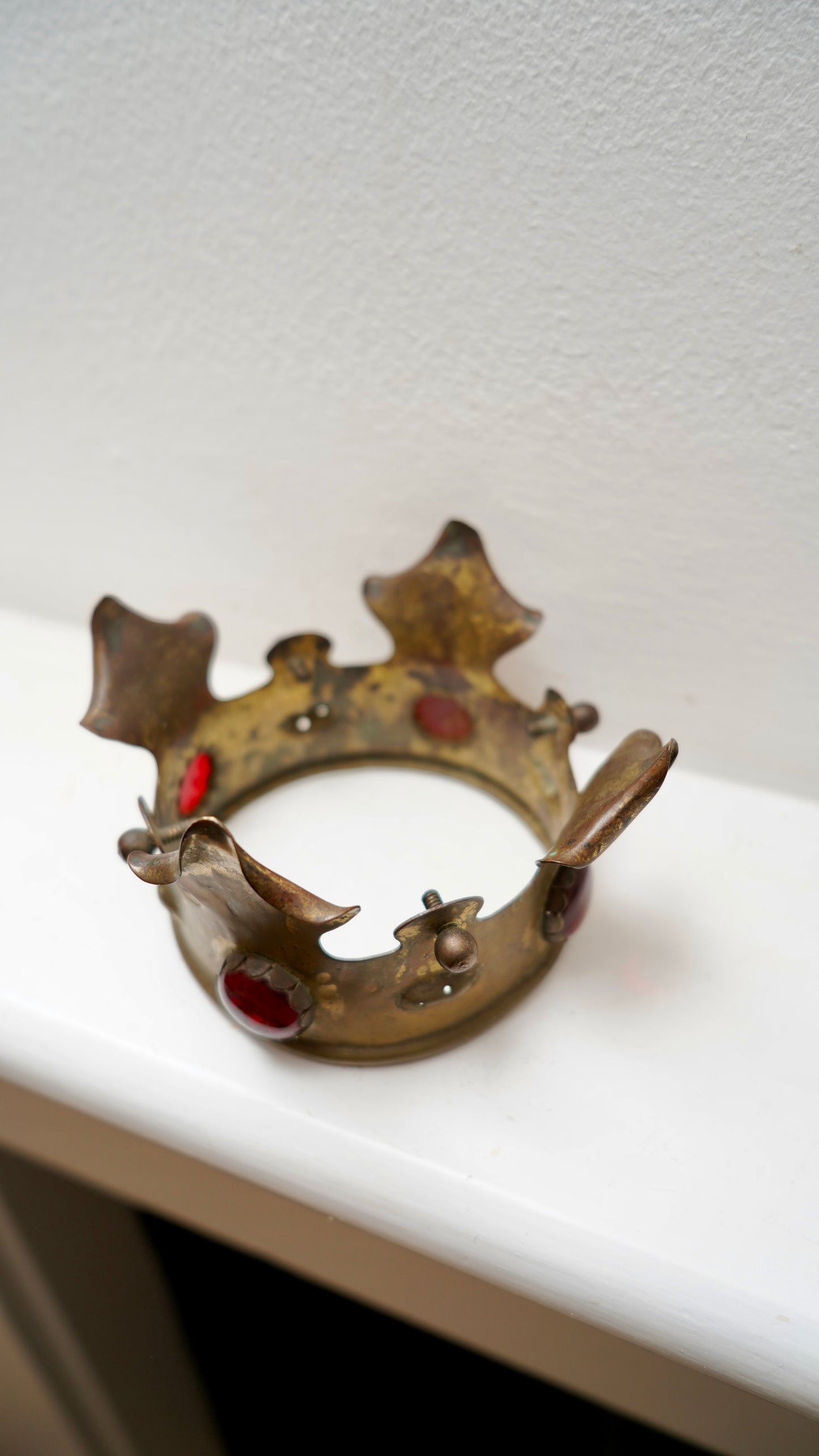Antique Brass Crown Mount with Red Glass Jewels | Gothic Revival Altar Ornament c.1880–1920