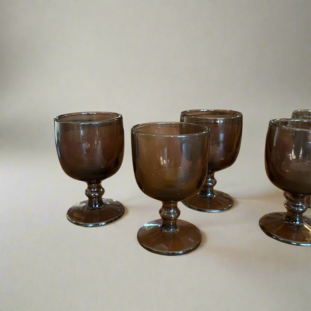Set of 5 Vintage Mid-Century Smoke Glass Cordial Goblets | Hoffman Style Barware, 1960s–1970s