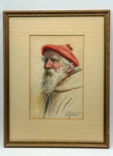Early 20th Century Watercolor Painting "Portrait of an Italian Man" by Enrico Florentino