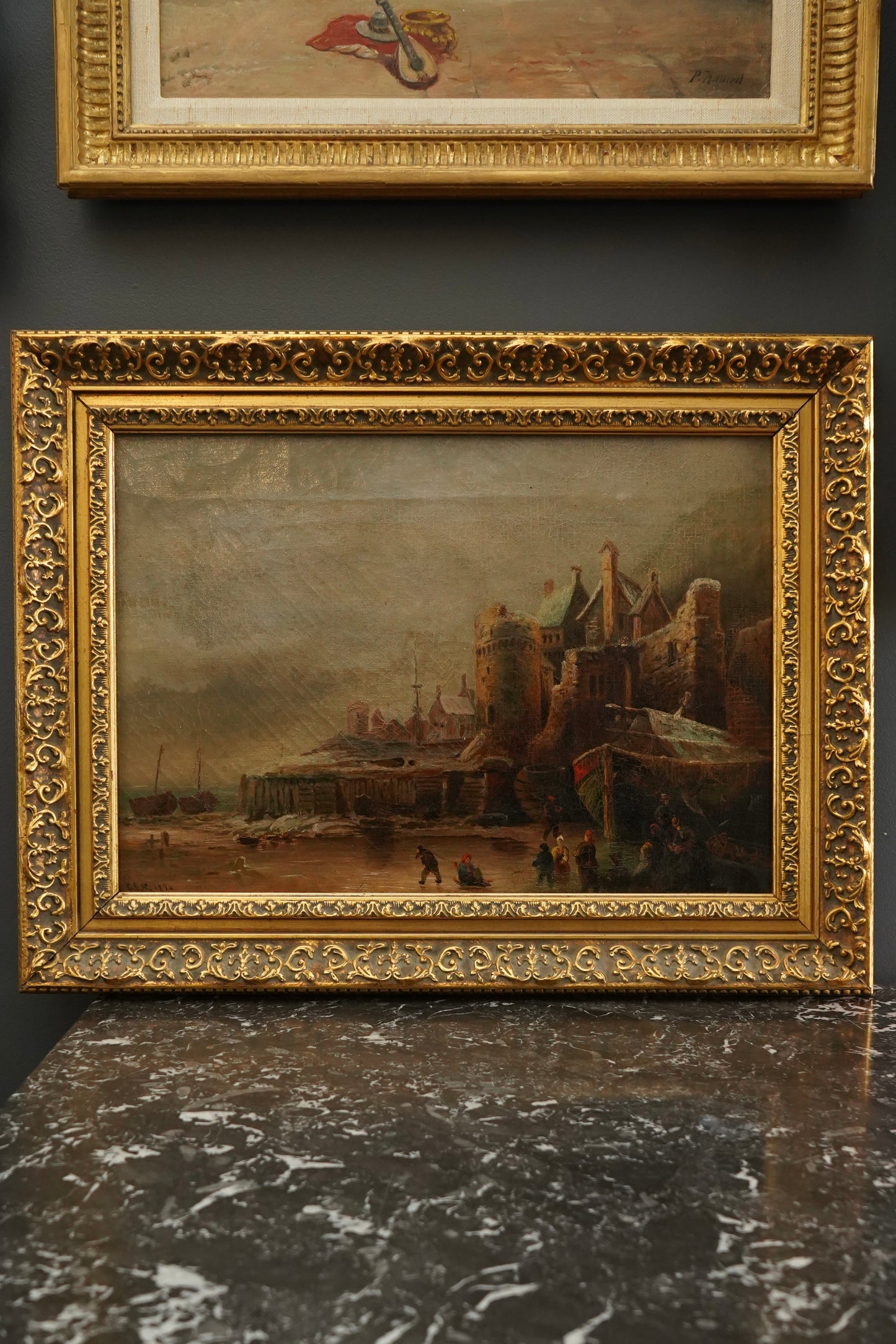1894 Dutch Winterscape Oil Painting with Monogram in Antique Gilt Victorian Frame