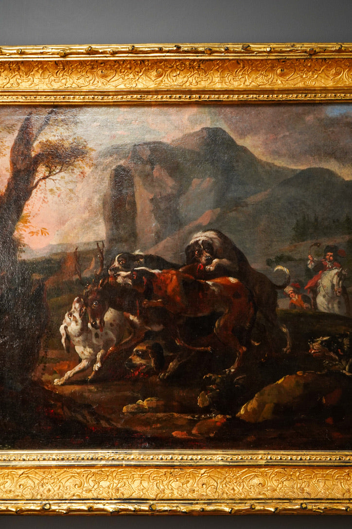 18th Century French Stag Hunt Oil Painting, Fontainebleau Tradition