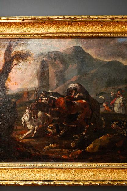 18th Century French Stag Hunt Oil Painting, Fontainebleau Tradition