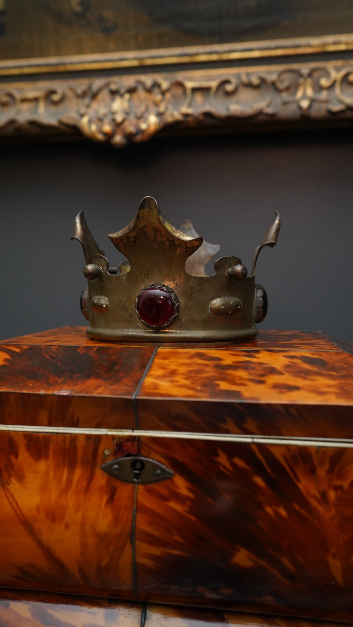 Antique Brass Crown Mount with Red Glass Jewels | Gothic Revival Altar Ornament c.1880–1920