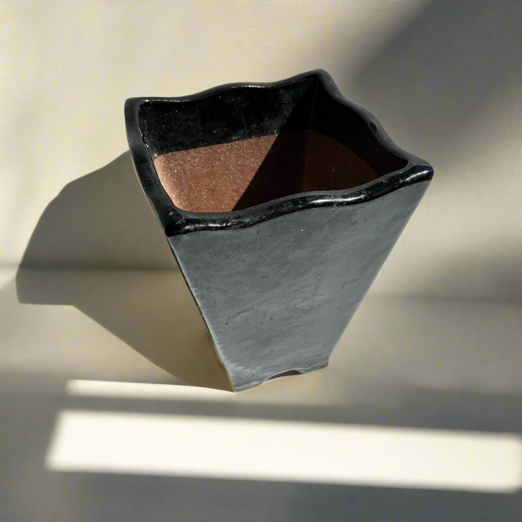 Mid-Century Japanese Black Tenmoku Glazed Terracotta Bonsai Pot | Wabi-Sabi Folk Craft Planter (8.75")