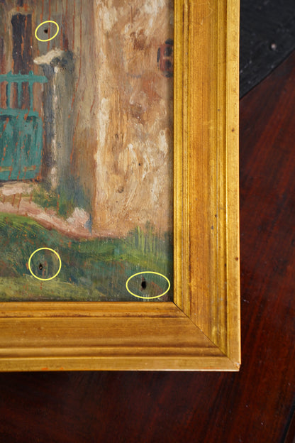 Antique French Country House Oil Painting on Board