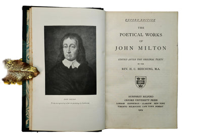 Open book titled 'The Poetical Works of John Milton' with a portrait on the page.
