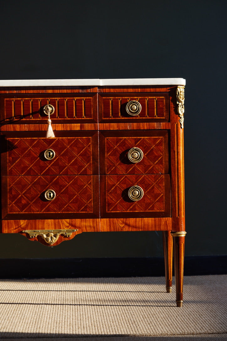 Antique French Louis XVI Parquetry Commode with Marble Top