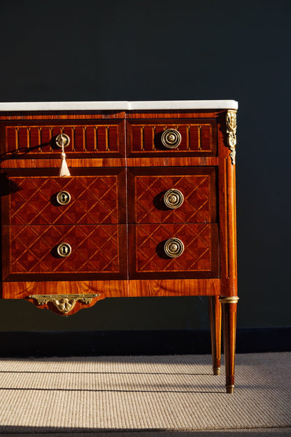 Antique French Louis XVI Parquetry Commode with Marble Top
