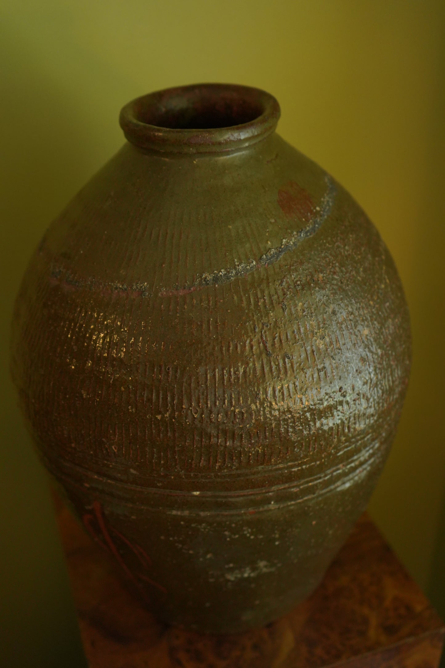 Vintage Chinese Stoneware Oil Jar with Ash Glaze, Rustic Pottery Vessel, 14.25 Inches