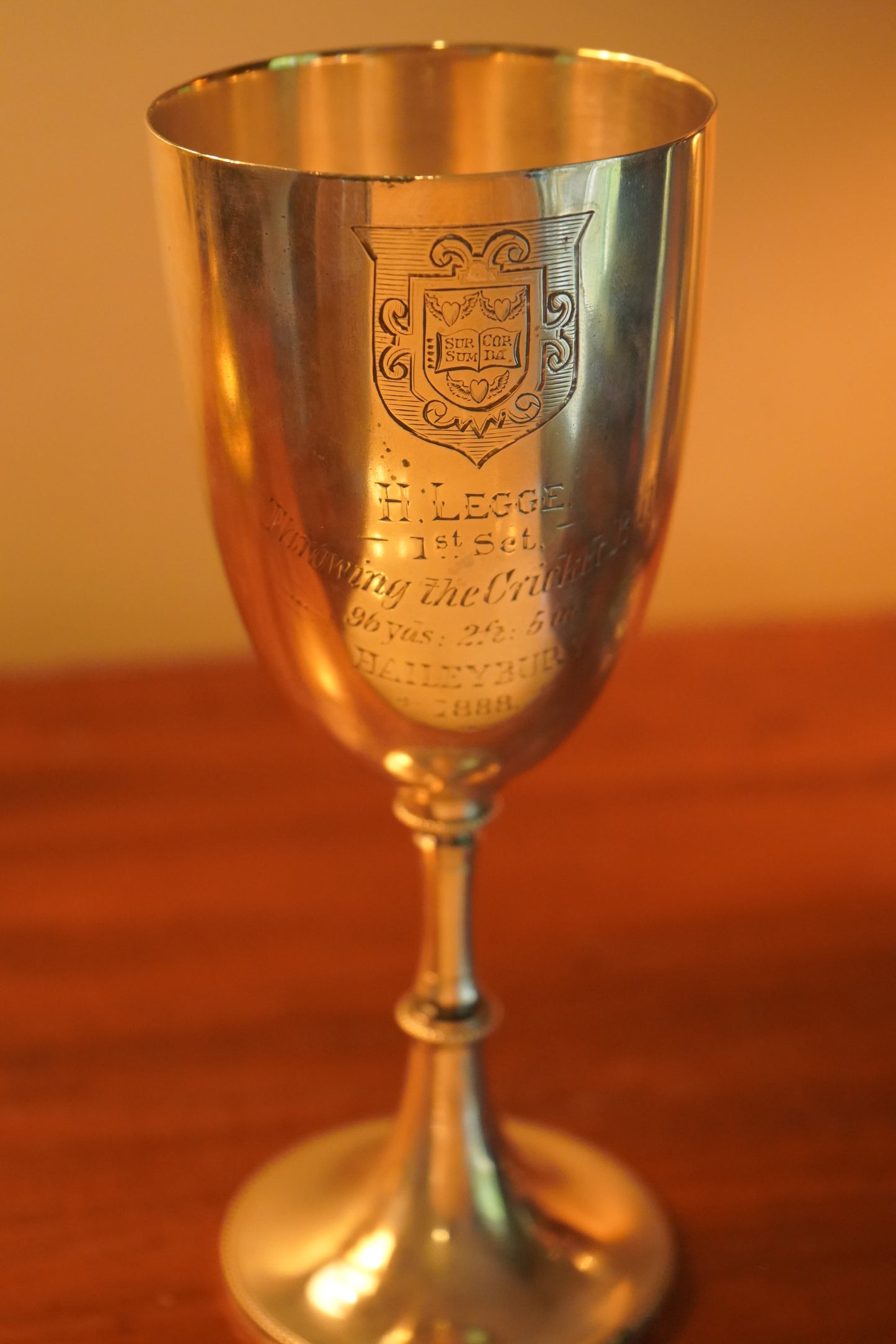 Antique English Silver Plated Trophy Goblet, "Haileybury College Throwing Cricket Ball Trophy Victorian 1888"
