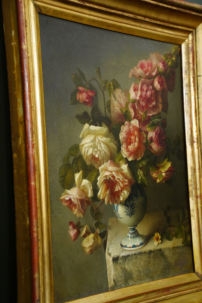 Antique Oil Painting Roses in Blue and White Vase