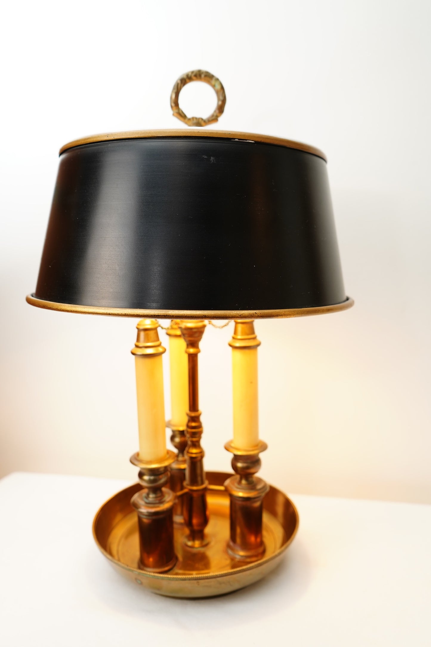 French Bouillotte-Style Three-Light Tole Shade Table Lamp, Black and Brass