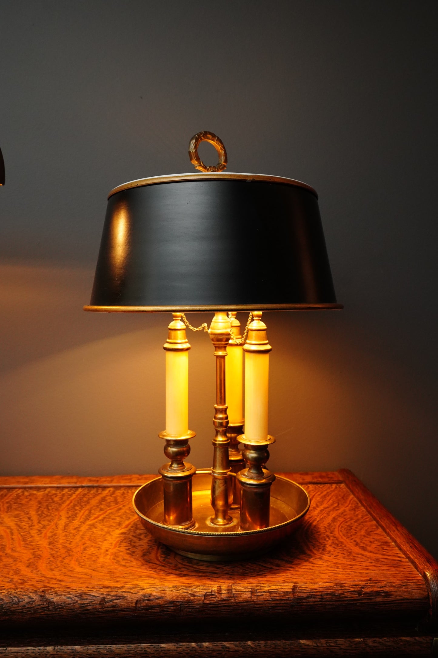 French Bouillotte-Style Three-Light Tole Shade Table Lamp, Black and Brass