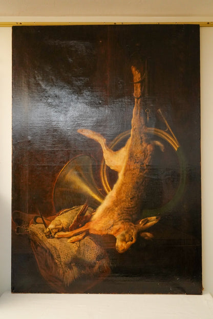 Antique Large 19th Century Continental Hunting Still Life Oil Painting, Hare and Horn