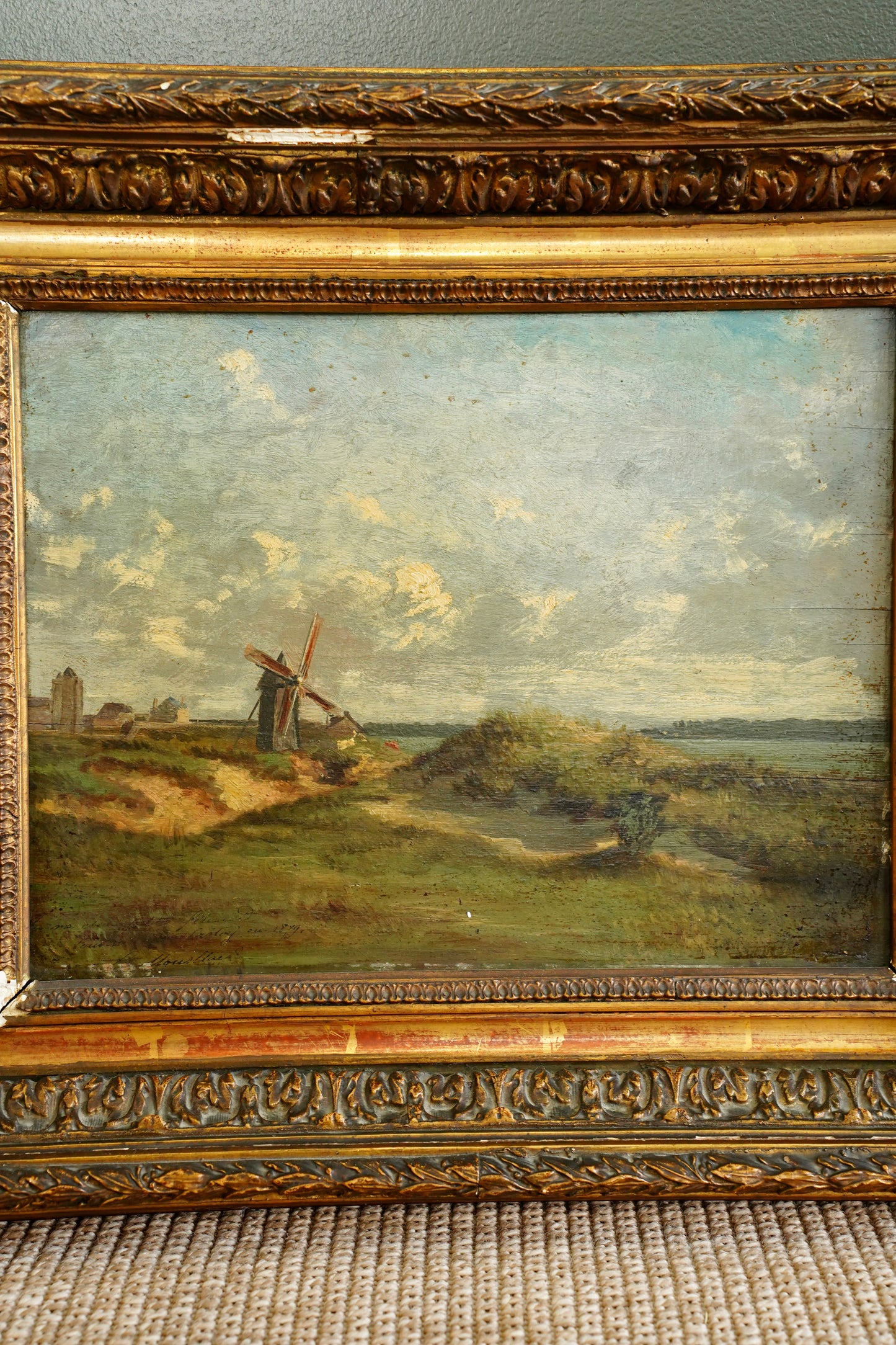 Antique Signed French Windmill Landscape Oil Painting on Panel, Dated 1879