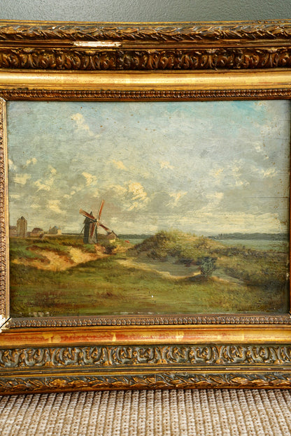 Antique Signed French Windmill Landscape Oil Painting on Panel, Dated 1879