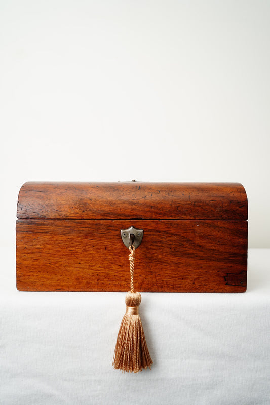 Antique English Dome-Top Walnut Veneer Jewelry or Stationery Box with Key, c. 1880–1910